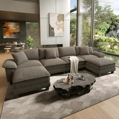 158" Modular Sectional Sofa, Oversized U Shaped Couches for Living Room, Comfy Cloud Couch with Ottoman, 6-Seater Deep Seat Sofa with Throw Pillow, Chenille Ash