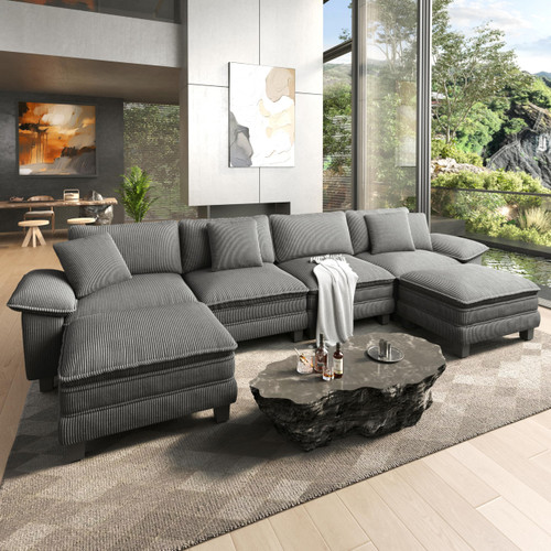 158" Modular Sectional Sofa, Oversized U Shaped Couches for Living Room, Comfy Cloud Couch with Ottoman, 6-Seater Deep Seat Sofa with Throw Pillow, Corduroy Grey
