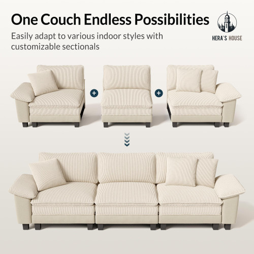 158" Modular Sectional Sofa, Oversized U Shaped Couches for Living Room, Comfy Cloud Couch with Ottoman, 6-Seater Deep Seat Sofa with Throw Pillow, Corduroy and Chenille Beige