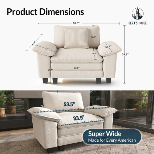 54" Modular Sectional Sofa Couches for Living Room, Comfy Cloud Couch 1-Seater Deep Seat Sofa with Throw Pillow, Chenille Beige