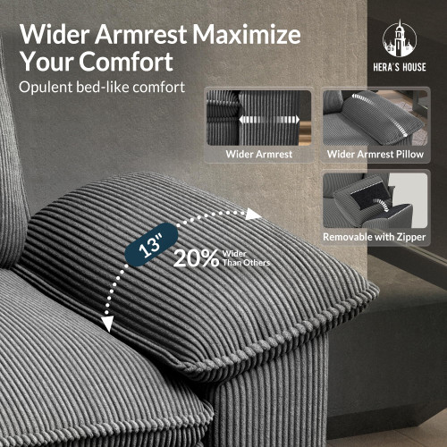 54" Modular Sectional Sofa Couches for Living Room, Comfy Cloud Couch 1-Seater Deep Seat Sofa with Throw Pillow, Corduroy Grey