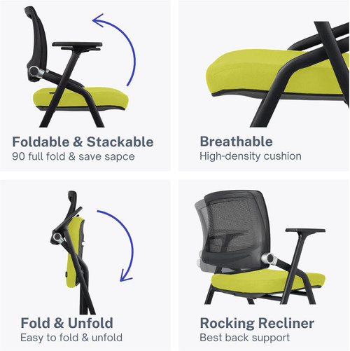 2 Pack Foldable Office Chairs with Wheels, Mesh Back, Arms and Portable - Folding Office Chairs for Conference Room Chair, Office Guest & Reception & Meeting Chair - (Green) 300 lbs.