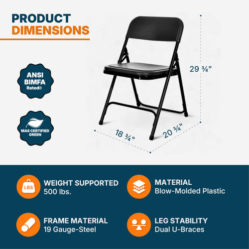 Premium Heavy-Duty Plastic Folding Chairs, Lightweight, Durable Seating for Indoor and Outdoor Use, 500 lb Capacity (4-Pack, Black Plastic with Black Frame)