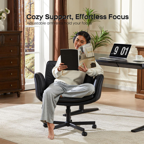 Criss Cross Chair with Armrests & Wheels, PU Leather Vanity Chair, Comfortable Adjustable Swivel Computer Office Desk Chairs for Home, Make Up, Bed Room (Black)