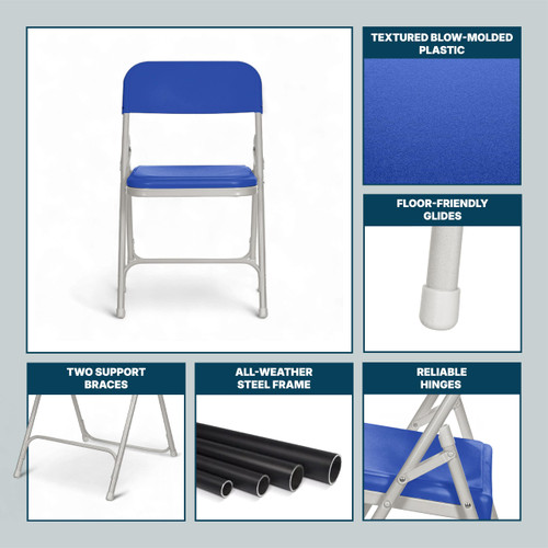 Premium Heavy-Duty Plastic Folding Chairs, Lightweight, Durable Seating for Indoor and Outdoor Use, 500 lb Capacity (4-Pack, Blue Plastic with Gray Frame)