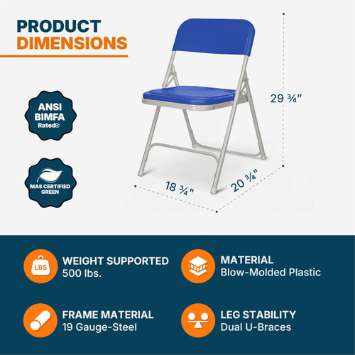 Premium Heavy-Duty Plastic Folding Chairs, Lightweight, Durable Seating for Indoor and Outdoor Use, 500 lb Capacity (4-Pack, Blue Plastic with Gray Frame)