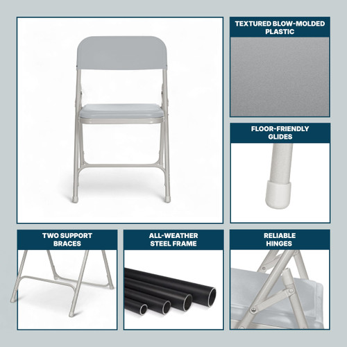 Plastic Folding Chair – Grey, 500 lb Capacity, Contoured Seat & Back, Sturdy Steel Frame, Foldable & Stackable, Ideal for Events, Offices, and Home Use
