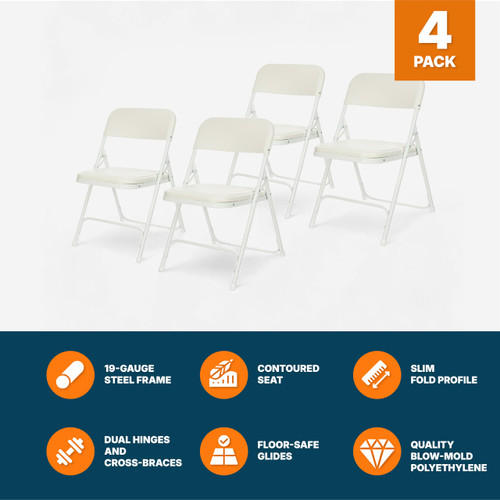 Premium Heavy-Duty Plastic Folding Chairs, Lightweight, Durable Seating for Indoor and Outdoor Use, 500 lb Capacity (4-Pack, Ivory Plastic with White Frame)