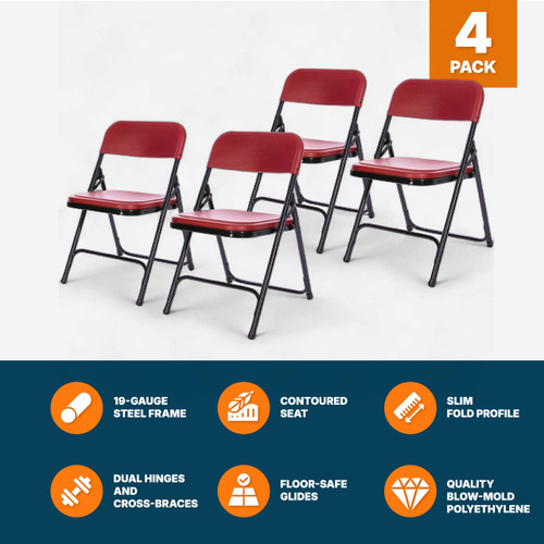 Premium Heavy-Duty Plastic Folding Chairs, Lightweight, Durable Seating for Indoor and Outdoor Use, 500 lb Capacity (4-Pack, Red Plastic with Black Frame)