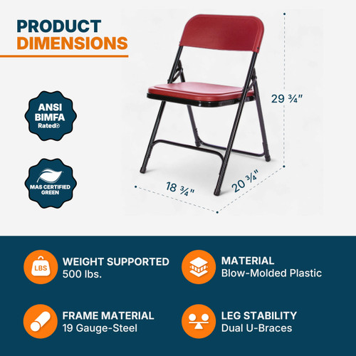 Premium Heavy-Duty Plastic Folding Chairs, Lightweight, Durable Seating for Indoor and Outdoor Use, 500 lb Capacity (4-Pack, Red Plastic with Black Frame)