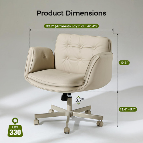Criss Cross Chair with Armrests & Wheels, PU Leather Vanity Chair, Comfortable Adjustable Swivel Computer Office Desk Chairs for Home, Make Up, Bed Room (Cream)