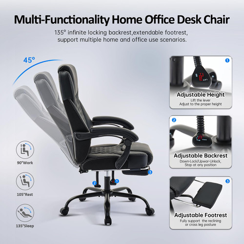 Office Chair, Big and Tall Office Chair with Foot Rest Ergonomic Chair for Home Desk, Reclining High Back Leather Chairs with Lumbar Support(Black)