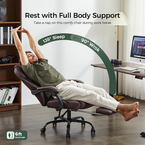 Office Chair, Big and Tall Office Chair with Foot Rest Ergonomic Desk Chairs Reclining High Back Leather Chairs with Lumbar Support(Brown)