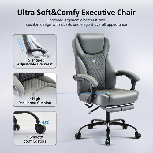 Office Chair, Big and Tall Office Chair with Foot Rest Ergonomic Chair Home Office Desk Chairs Reclining High Back Leather Chair with Lumbar Support(Gray)