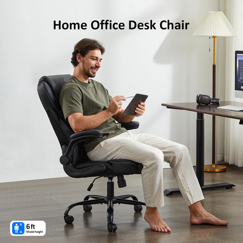 Office Chair, Executive PU Leather Chair Home Office Desk Chairs, Ergonomic Computer Desk Chair with Adjustable Flip-Up Arms, Lumbar Support Swivel Task Chair with Rocking Function (Black)