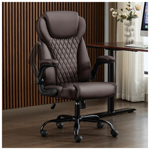 Office Chair, Executive PU Leather Chair, Ergonomic Computer Desk Chair with Lumbar Support and Adjustable Flip-Up Arms, Rocking Task Chair (Brow