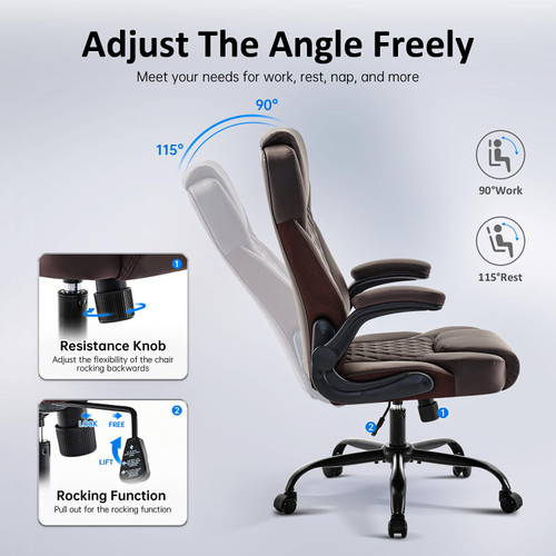 Office Chair, Executive PU Leather Chair, Ergonomic Computer Desk Chair with Lumbar Support and Adjustable Flip-Up Arms, Rocking Task Chair (Brow