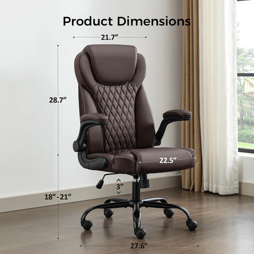 Office Chair, Executive PU Leather Chair, Ergonomic Computer Desk Chair with Lumbar Support and Adjustable Flip-Up Arms, Rocking Task Chair (Brow