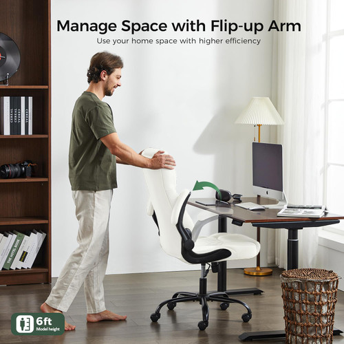 Office Chair, Executive PU Leather Chair Home Office Desk Chairs, Ergonomic Computer Desk Chair with Adjustable Flip-Up Arms, Lumbar Support Swivel Task Chair with Rocking Function (White)