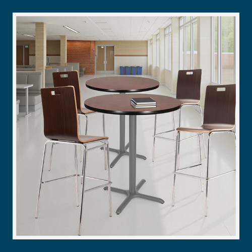Premium Commercial-Grade Restaurant and Breakroom Cafe Table (Round, 36 in Diameter, 42 in Bar Height, X-Base, Gray Frame, Mahogany Laminate)