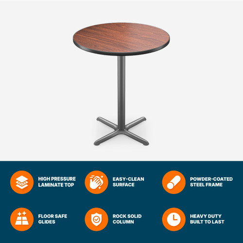 Premium Commercial-Grade Restaurant and Breakroom Cafe Table (Round, 36 in Diameter, 42 in Bar Height, X-Base, Gray Frame, Mahogany Laminate)