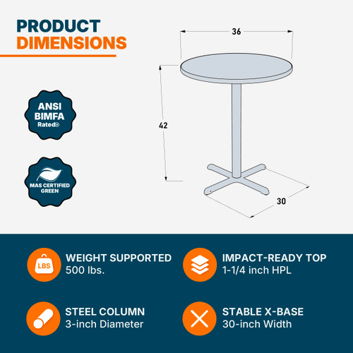 Premium Commercial-Grade Restaurant and Breakroom Cafe Table (Round, 36 in Diameter, 42 in Bar Height, X-Base, Gray Frame, Mahogany Laminate)