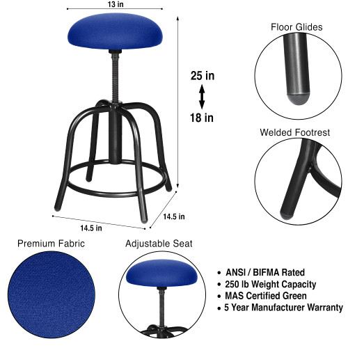 18"-25" Height Adjustable Deluxe Plush Swivel Stool, Blue Seat/Black Frame (OEF6825S-10)