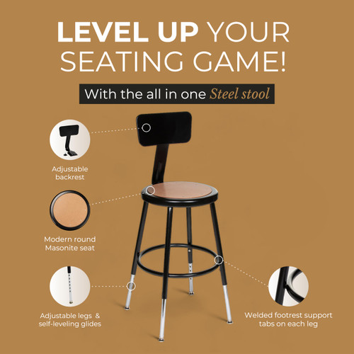 OEF Furnishings OEF6218HB-10/2 Premium Commercial-Grade All-Purpose Round Stool with Backrest (Height-Adjustable, 18–27 inch Range, Black Frame, Masonite Wood Seat, 2-Pack)