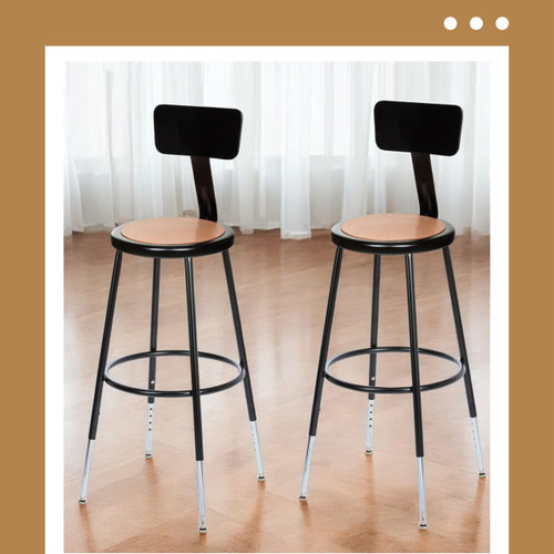 Premium Commercial-Grade All-Purpose Round Stool with Backrest (Height-Adjustable, 24–32 inch Range, Black Frame, Masonite Wood Seat, 2-Pack)