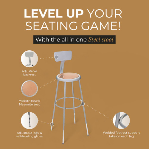 Premium Commercial-Grade All-Purpose Round Stool with Backrest (Height-Adjustable, 30–38 inch Range, Gray Frame, Masonite Wood Seat, 2-Pack)