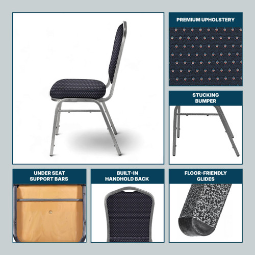 Back Upholstered Stackable Banquet Chairs Premium Commercial Seating (2 Pack, Fabric, Diamond Navy, Silvervein Frame)