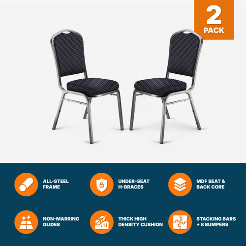 Back Upholstered Stackable Banquet Chairs Premium Commercial Seating (2 Pack, Fabric, Diamond Navy, Silvervein Frame)