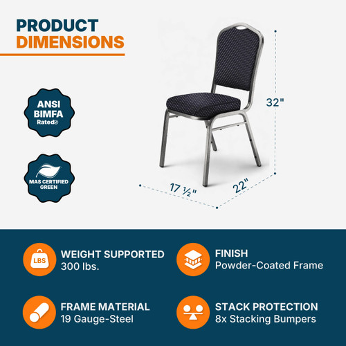 Back Upholstered Stackable Banquet Chairs Premium Commercial Seating (2 Pack, Fabric, Diamond Navy, Silvervein Frame)