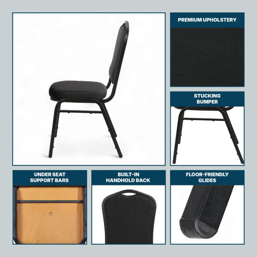 Back Upholstered Stackable Banquet Chairs Premium Commercial Seating (2 Pack, Fabric, Ebony Black, Black Santex Frame)