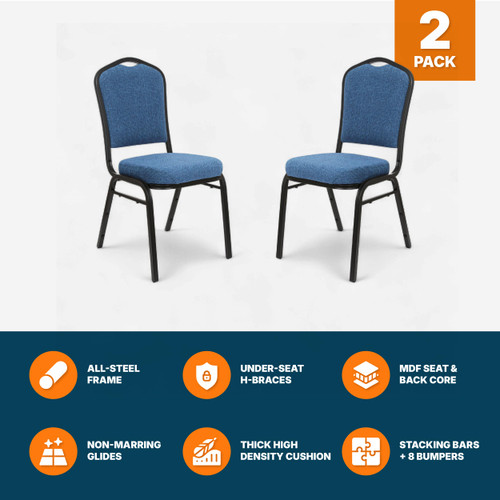 Back Upholstered Stackable Banquet Chairs Premium Commercial Seating (2 Pack, Fabric, Natural Blue, Black Santex Frame)