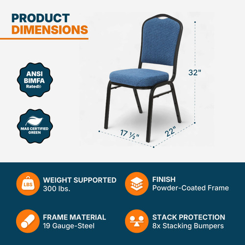 Back Upholstered Stackable Banquet Chairs Premium Commercial Seating (2 Pack, Fabric, Natural Blue, Black Santex Frame)