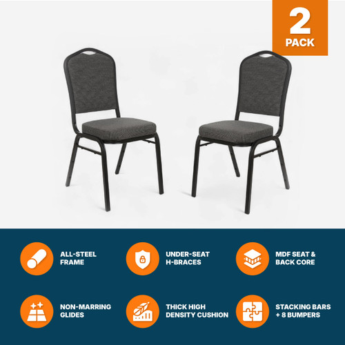 Back Upholstered Stackable Banquet Chairs Premium Commercial Seating (2 Pack, Fabric, Natural Greystone, Black Santex Frame)