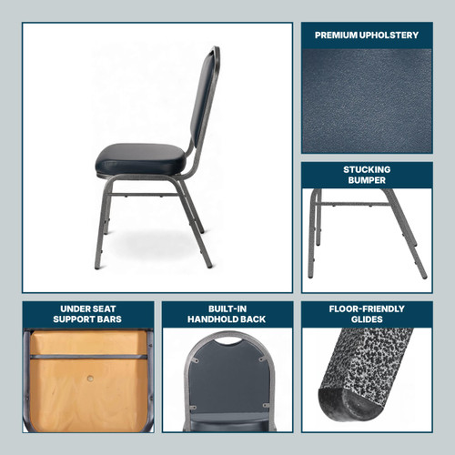 Back Upholstered Stackable Banquet Chairs Premium Commercial Seating (2 Pack, Vinyl, Midnight Blue, Silvervein Frame)