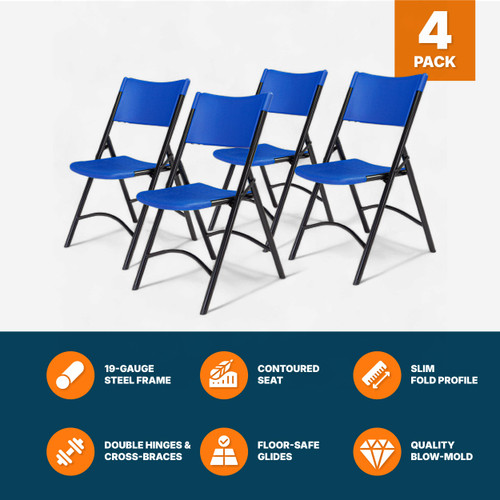  High Back Folding Chairs, Blow-Molded Polyethylene Commercial-Grade Seating for Indoor and Outdoor Use, 500 lb Weight Capacity, 4-Pack (Blue)