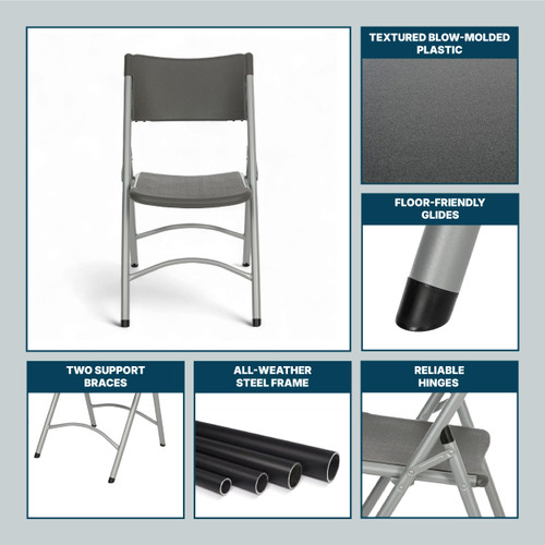 High Back Folding Chairs, Blow-Molded Polyethylene Commercial-Grade Seating for Indoor and Outdoor Use, 500 lb Weight Capacity, 4-Pack (Charcoal Gray)