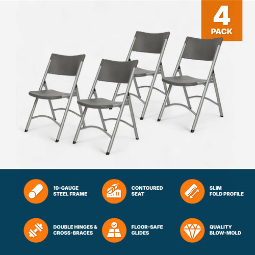 High Back Folding Chairs, Blow-Molded Polyethylene Commercial-Grade Seating for Indoor and Outdoor Use, 500 lb Weight Capacity, 4-Pack (Charcoal Gray)
