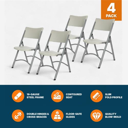 High Back Folding Chairs, Blow-Molded Polyethylene Commercial-Grade Seating for Indoor and Outdoor Use, 500 lb Weight Capacity, 4-Pack (Light Gray)