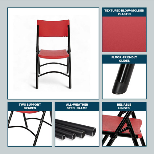 High Back Folding Chairs, Blow-Molded Polyethylene Commercial-Grade Seating for Indoor and Outdoor Use, 500 lb Weight Capacity, 4-Pack (Red)