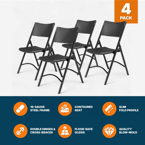 High Back Folding Chairs, Blow-Molded Polyethylene Commercial-Grade Seating for Indoor and Outdoor Use, 500 lb Weight Capacity, 4-Pack (Black)