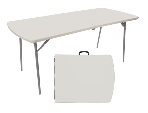 Fold-in-Half Banquet Table (72 x 30 in, 29.5 in Height, Unobstructed End Seating, Rounded Ends, Carry Handle, 700 lb Capacity, Speckled Gray Top/Gray Frame)