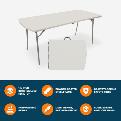 Fold-in-Half Banquet Table (72 x 30 in, 29.5 in Height, Unobstructed End Seating, Rounded Ends, Carry Handle, 700 lb Capacity, Speckled Gray Top/Gray Frame)