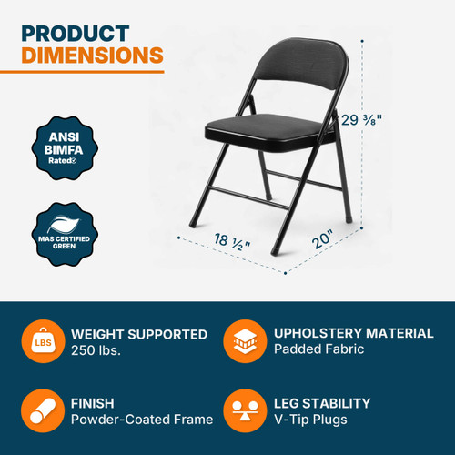 Premium Fabric Padded All Steel Folding Chairs, Comfort Cushioned Seat & Back for Meeting Office Training Rooms (4 Pack, Cosmic Black)