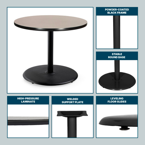 Premium Commercial-Grade Restaurant and Breakroom Cafe Table (Round, 36 in Diameter, 30 in Dining Height, Round-Base, Black Frame, Gray Nebula Laminate)
