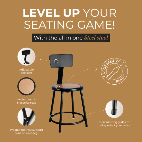  Premium Commercial-Grade All-Purpose Round Stool with Backrest (18-inch Height, Black Frame, Masonite Wood Seat)