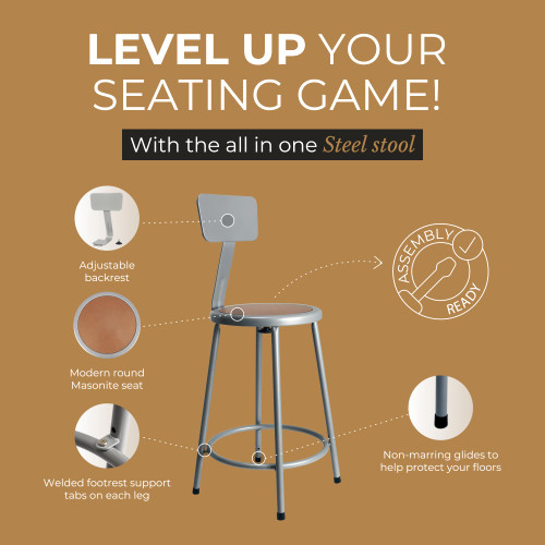 Premium Commercial-Grade All-Purpose Round Stool with Backrest (24-inch Height, Gray Frame, Masonite Wood Seat)